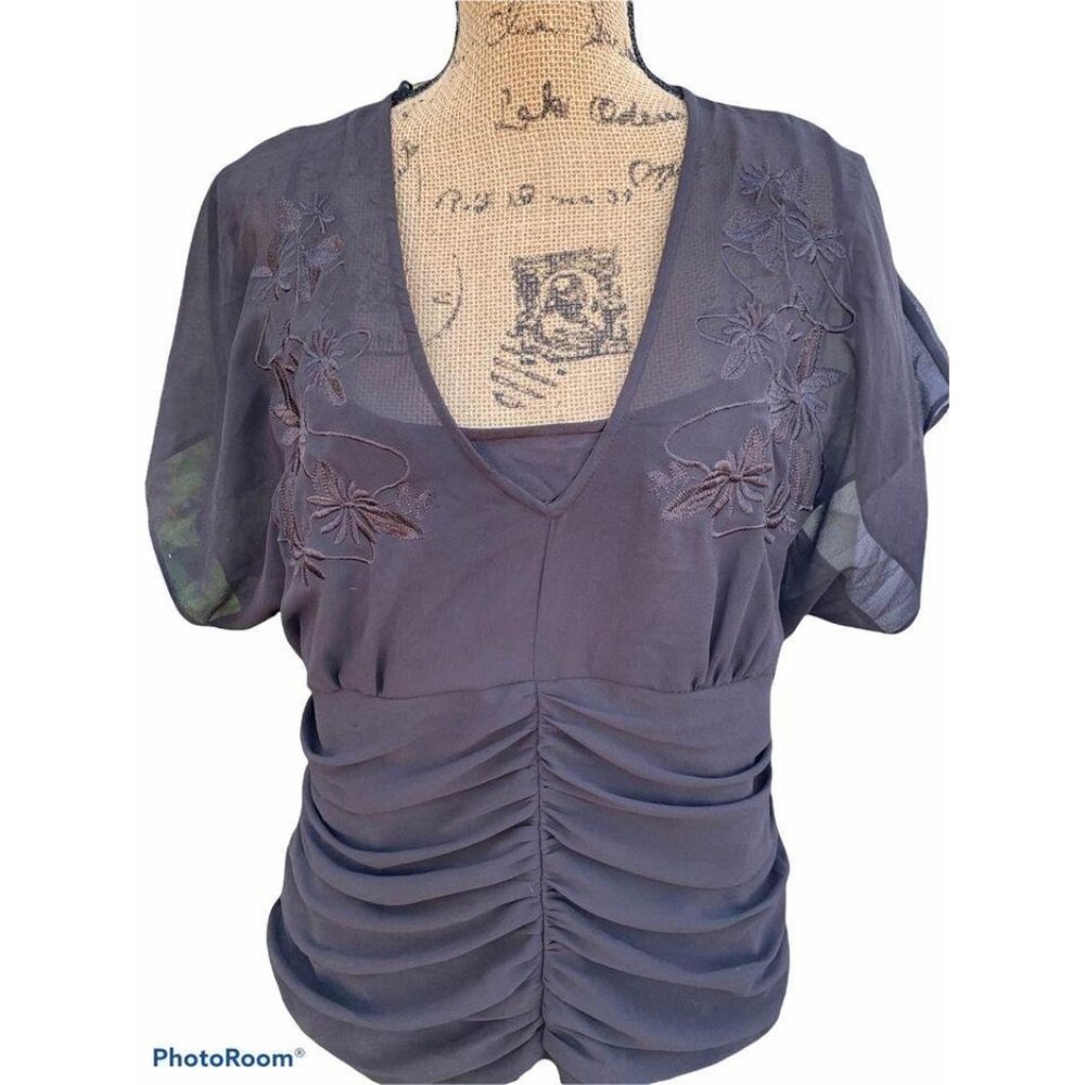 🍒 2/$20 🍒 Brown Bandalino Ruched Deep V-Neck Embroidered Side-zip Blouse sz 16